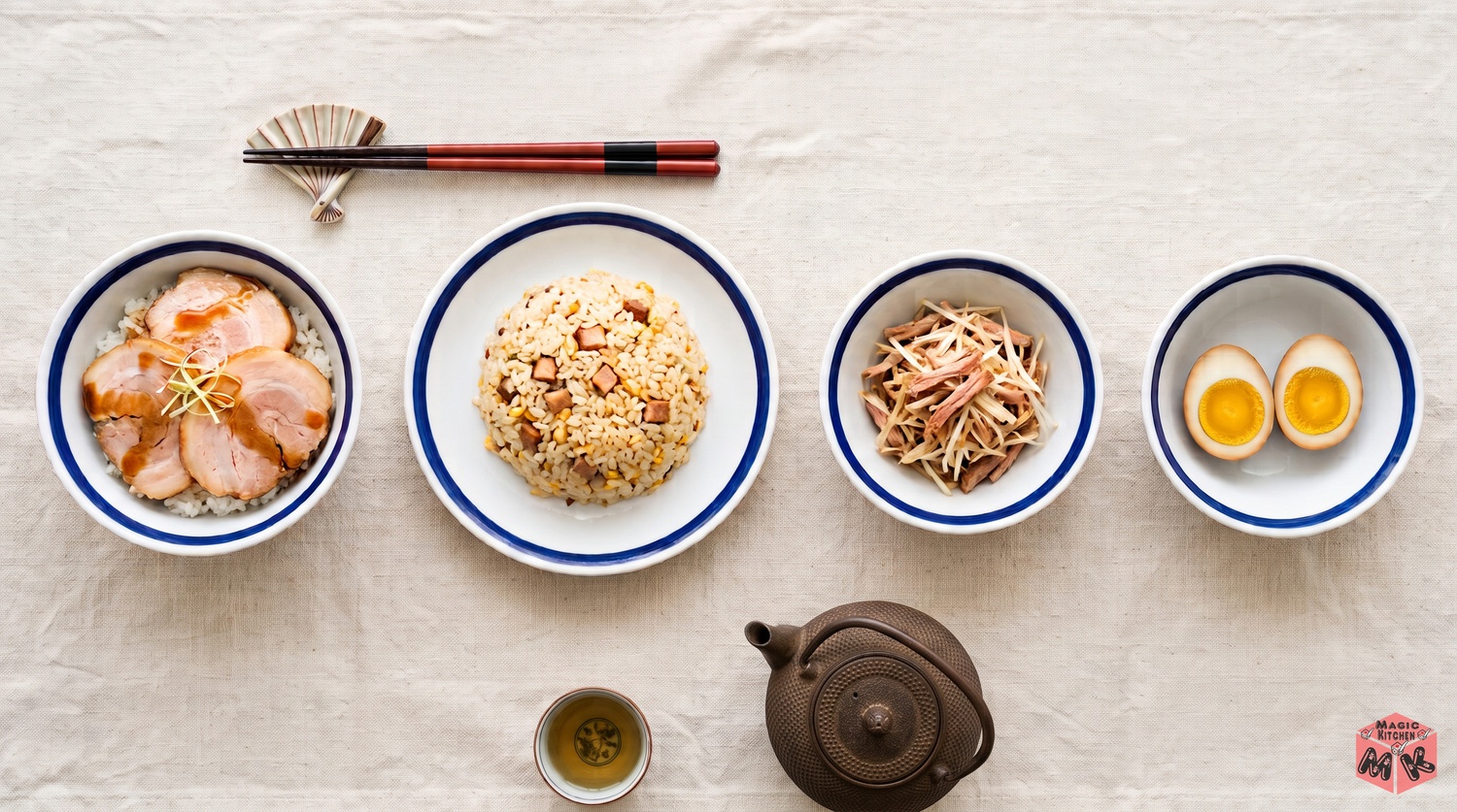 チャーシュー丼と炒飯とねぎ和えと味玉のチャーシューのアレンジ4品