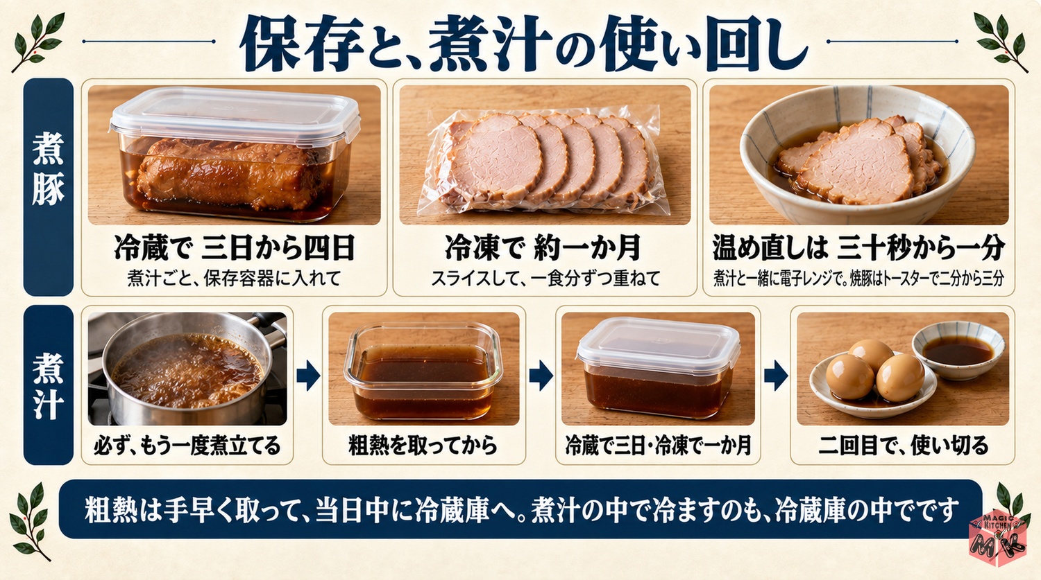 冷蔵3から4日とスライスして冷凍1か月と煮汁は煮立てて冷蔵3日で味玉に転用の図解