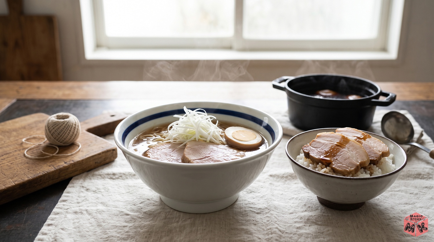 ラーメンの上のチャーシューとチャーシュー丼が並ぶイメージ