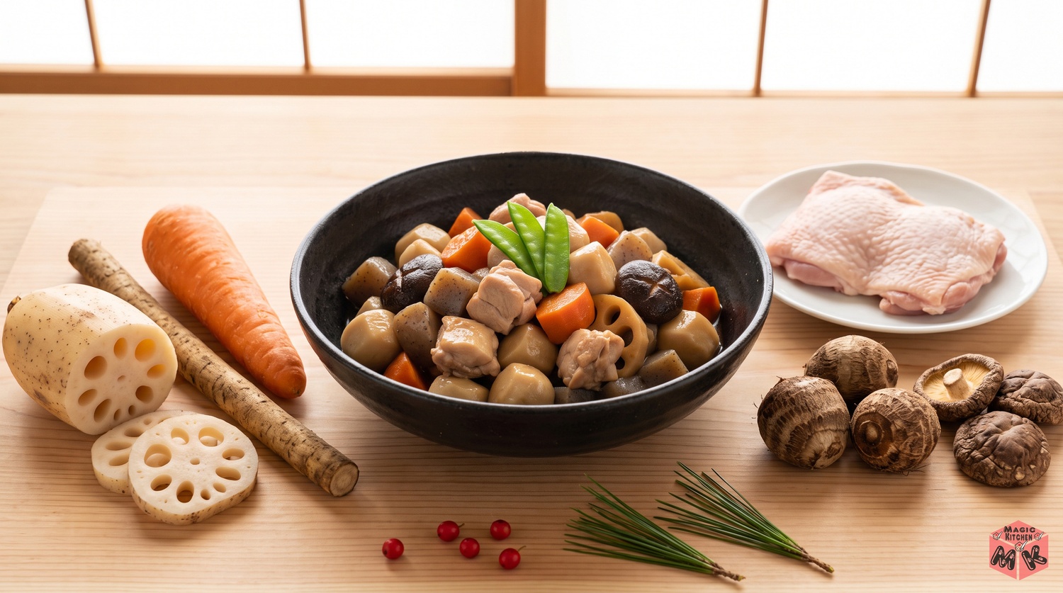 照りの出た筑前煮の大鉢とれんこんやごぼうや里芋や鶏ももが並ぶ正月支度のイメージ