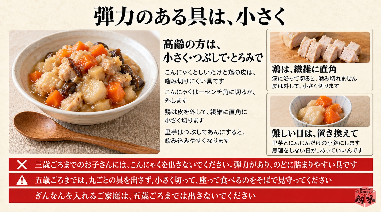 弾力のある具は小さく里芋はつぶしてこんにゃくは3歳ごろまで避ける筑前煮の図解