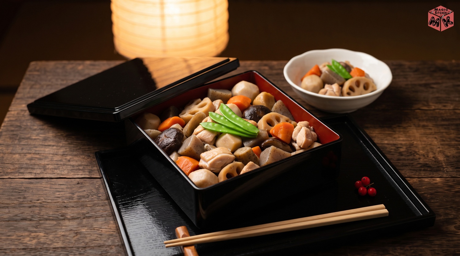 重箱に詰めた筑前煮と平日の食卓の筑前煮の小鉢が並ぶイメージ