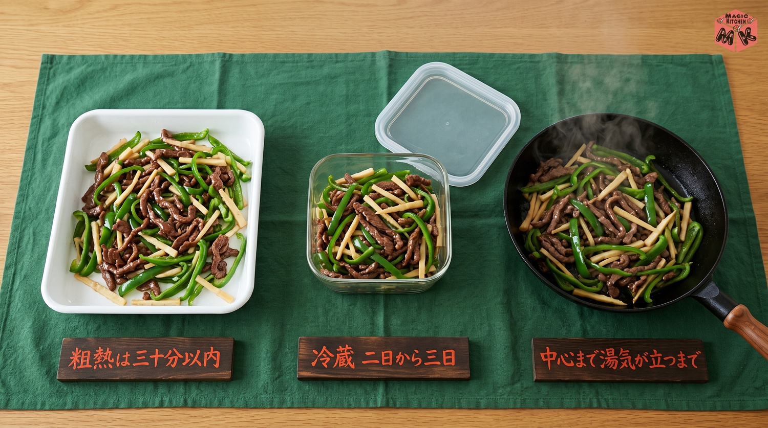 チンジャオロースの保存と温め直し（粗熱30分以内・冷蔵2〜3日・冷凍3週間・フライパンで強火で短く）