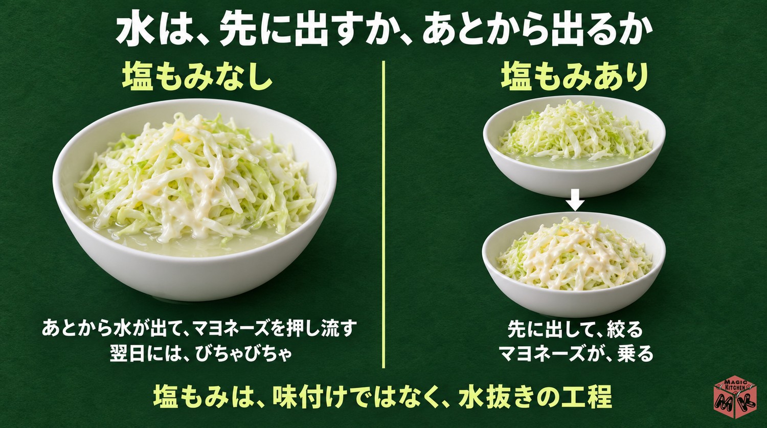 コールスローが水っぽくなる理由(キャベツの水が先に出るか、あとから出るか)