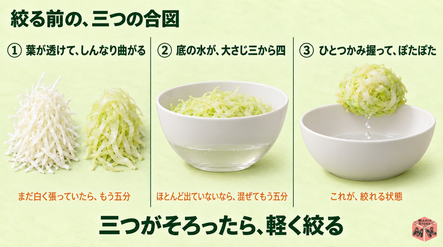 コールスローの塩もみの確かめ方(絞る前の3つの合図)