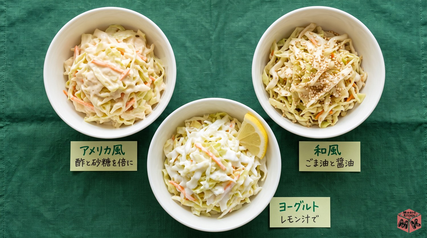 コールスローの3つの味の展開(アメリカ風・和風・ヨーグルト)