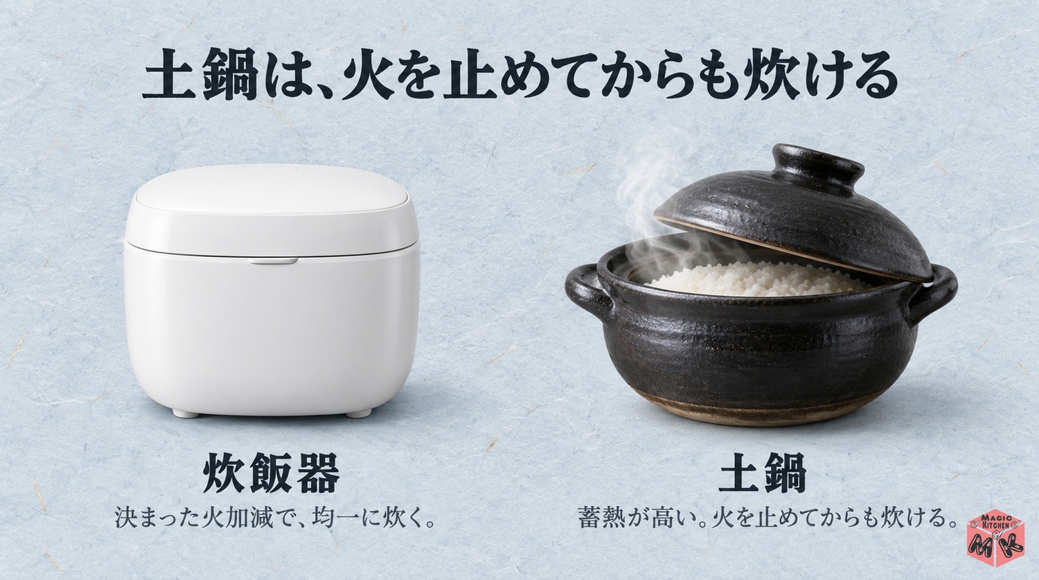 炊飯器と土鍋の違い(土鍋は蓄熱が高く火を止めてからも炊ける)