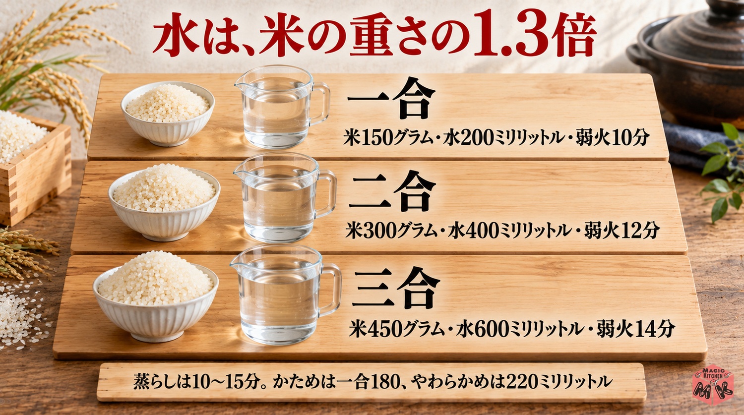 土鍋ご飯の水加減早見表(水は米の重さの1.3倍、1合200ml・2合400ml・3合600ml、弱火10・12・14分)