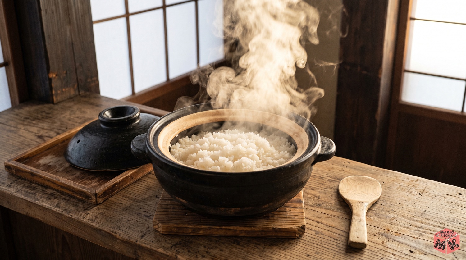 湯気の立つ炊きたての土鍋ご飯としゃもじ