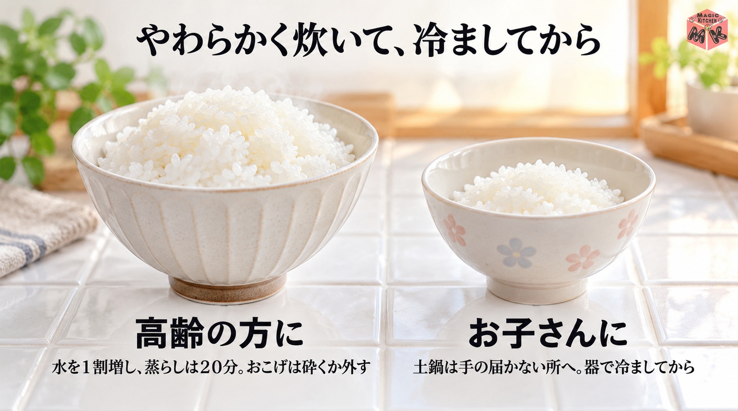 高齢者や子供にやさしい土鍋ご飯(水を1割増して蒸らし20分、おこげは砕くか外す、土鍋は手の届かない所へ)