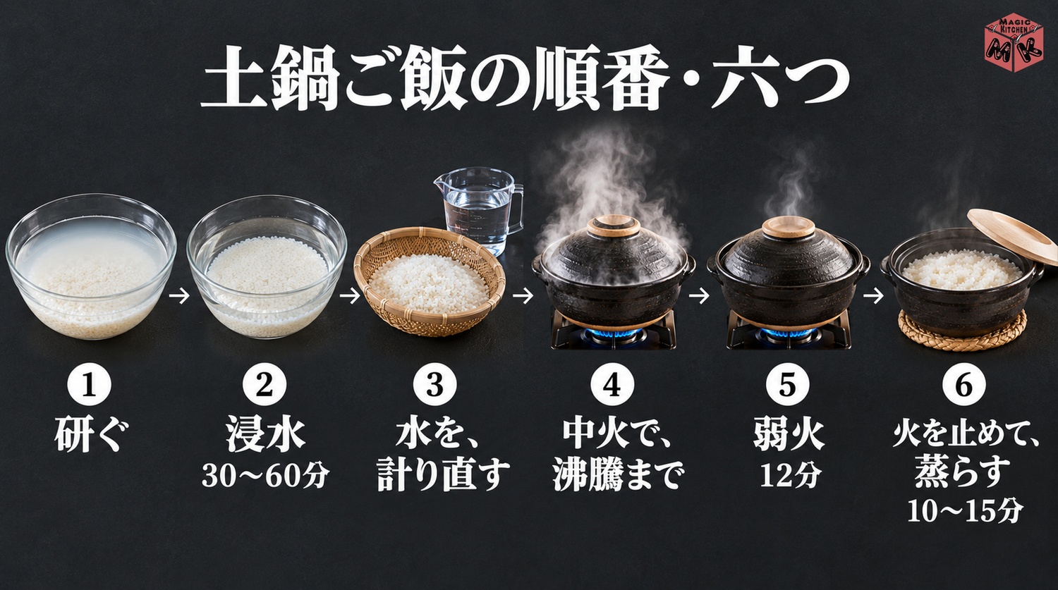 土鍋ご飯の順番6工程(研ぐ・浸水30〜60分・水を計り直す・中火で沸騰・弱火12分・火を止めて蒸らし10〜15分)