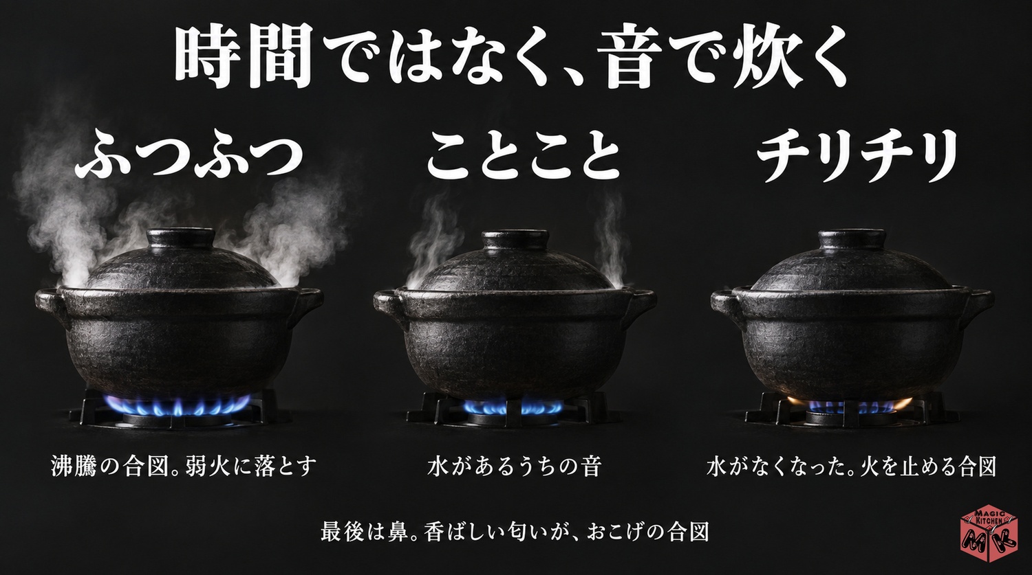 土鍋ご飯は時間ではなく音で炊く(ふつふつ・ことこと・チリチリ、最後は香ばしい匂い)