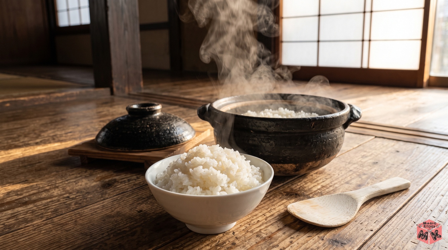炊きたての土鍋ご飯をよそった茶碗と土鍋