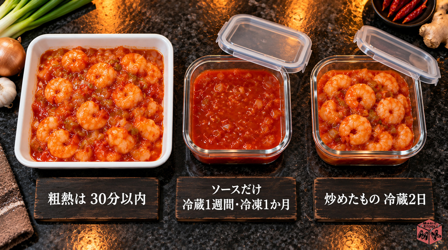 エビチリの保存（粗熱30分以内・ソースだけなら冷蔵1週間冷凍1か月・炒めたものは冷蔵2日）