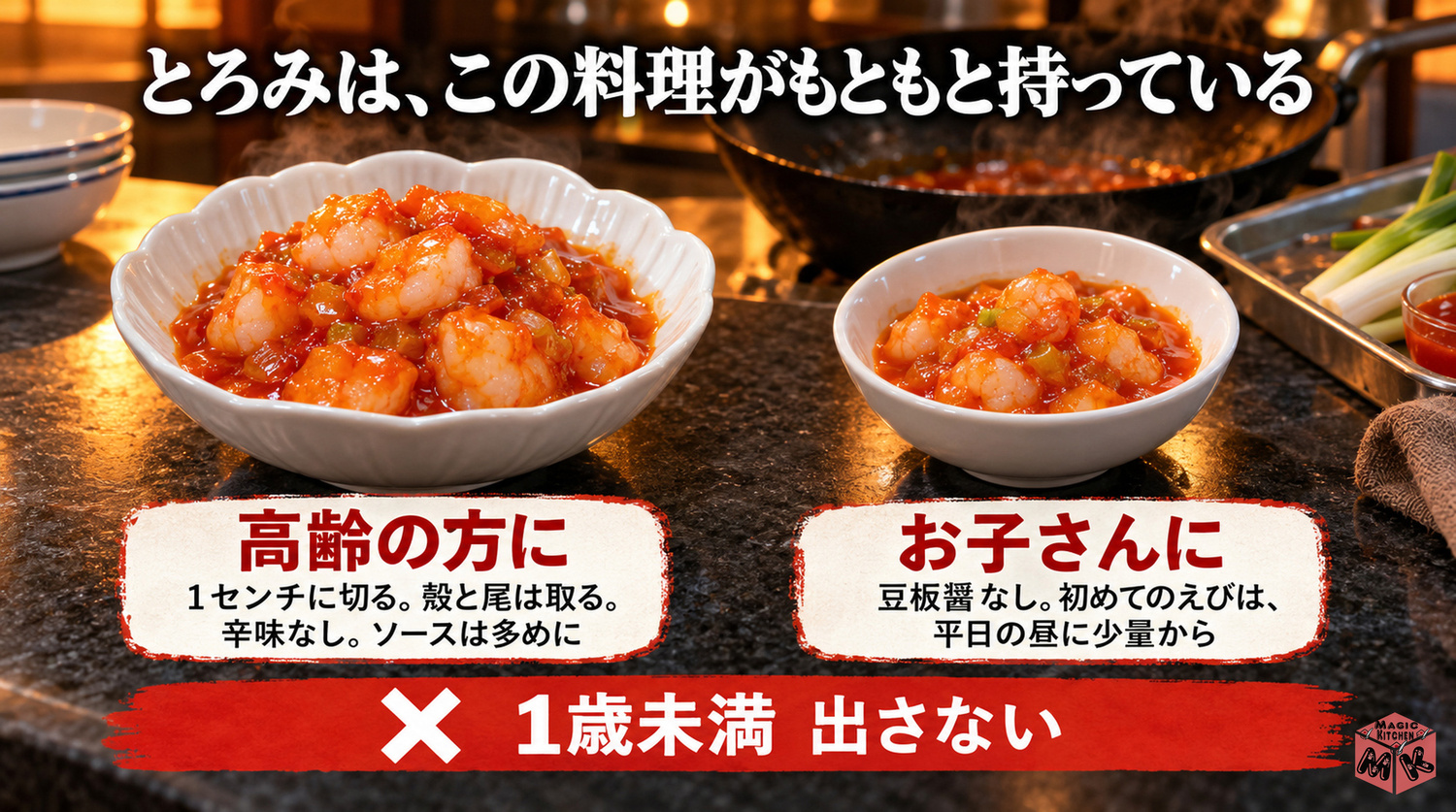 高齢者や子供にやさしいエビチリ（1cmに切る・殻と尾は取る・辛味なし・1歳未満には出さない）