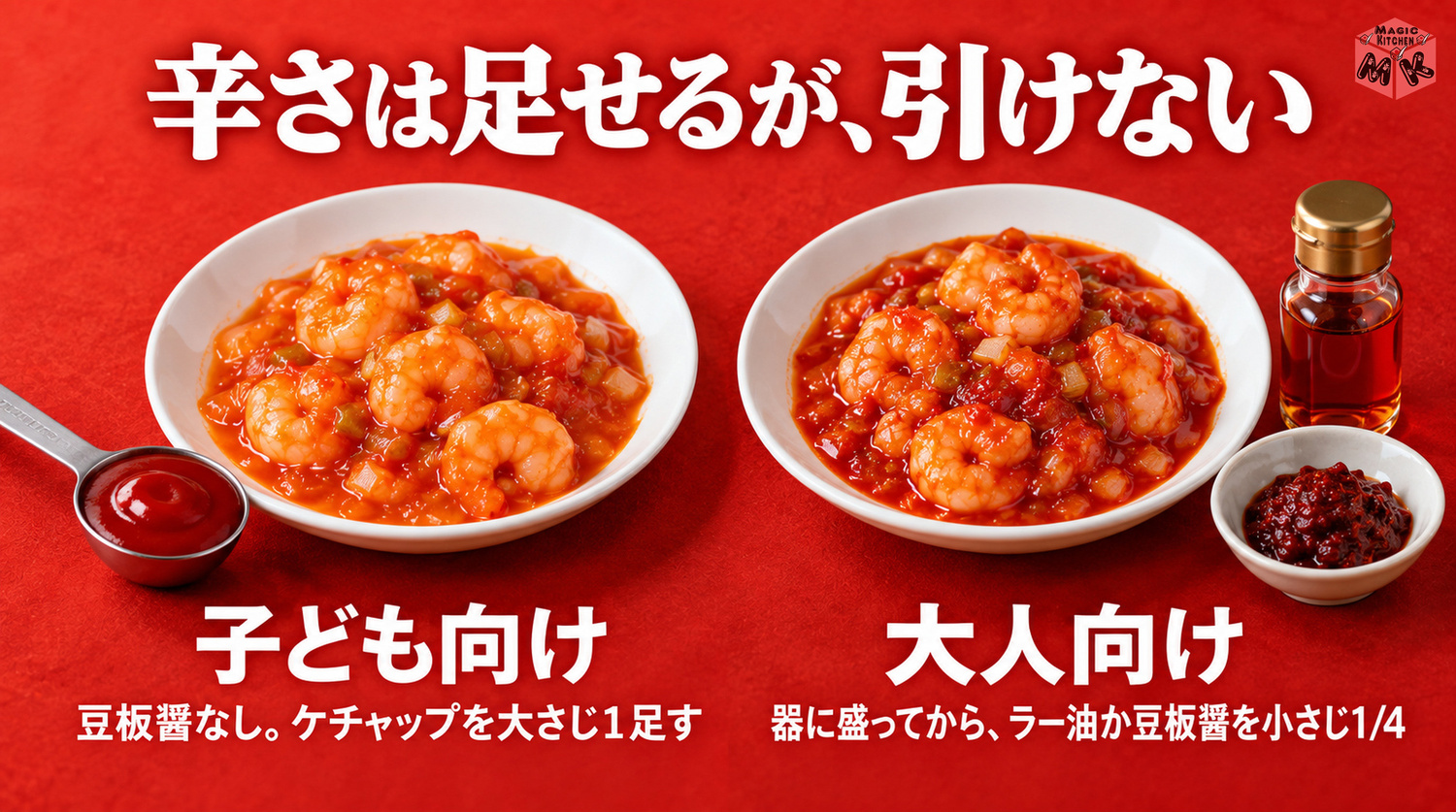 エビチリの辛さの調整（子ども向けは豆板醤なしでケチャップを足す・大人は器で足す）