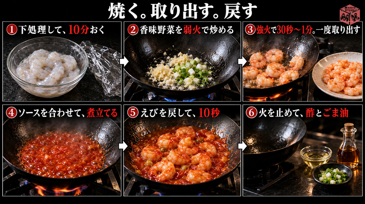 エビチリの作り方6工程（下処理して10分・香味野菜を弱火・強火で30秒〜1分焼いて取り出す・ソースを煮立てる・戻して10秒・火を止めて酢とごま油）