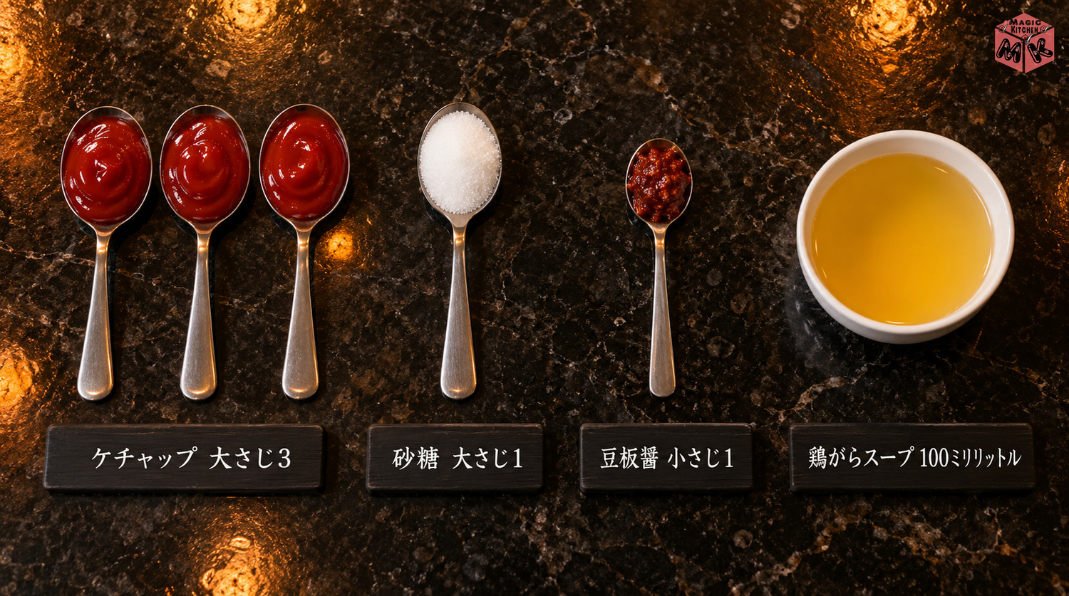 エビチリのチリソースの黄金比（ケチャップ大さじ3・砂糖大さじ1・豆板醤小さじ1・鶏がらスープ100ml）