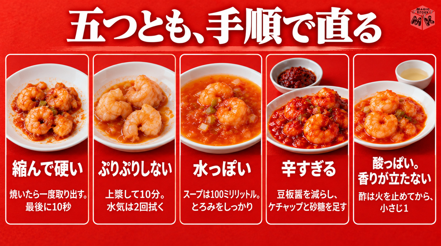 エビチリのよくある失敗と対策（縮んで硬い・ぷりぷりしない・水っぽい・辛すぎる・酸っぱい）