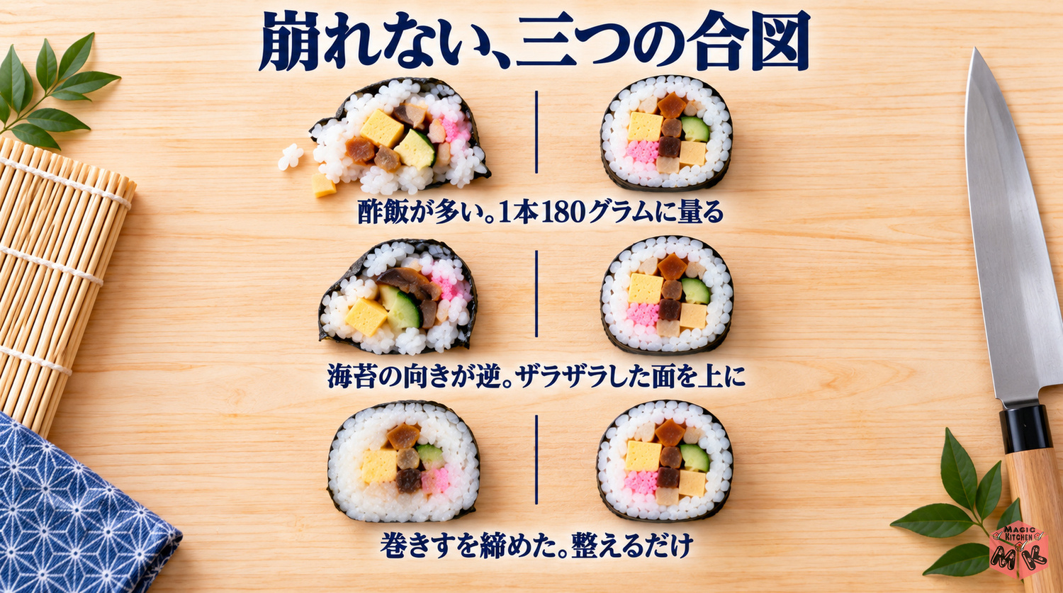 恵方巻が崩れない3つの合図(酢飯180g・海苔はザラザラ面を上に・巻きすは締めない)