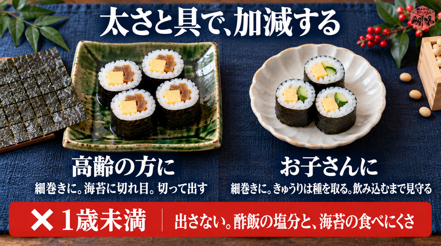 高齢者や子供にやさしい恵方巻(細巻きに・海苔に切れ目・切って出す・1歳未満には出さない)