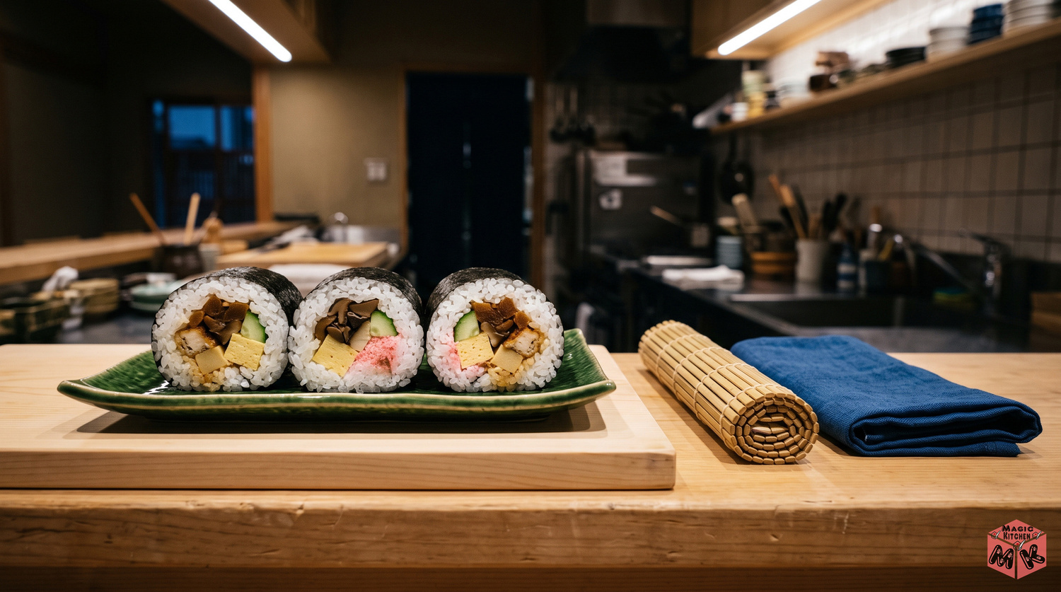 恵方巻の作り方まとめ(切り分けた恵方巻と巻きす)