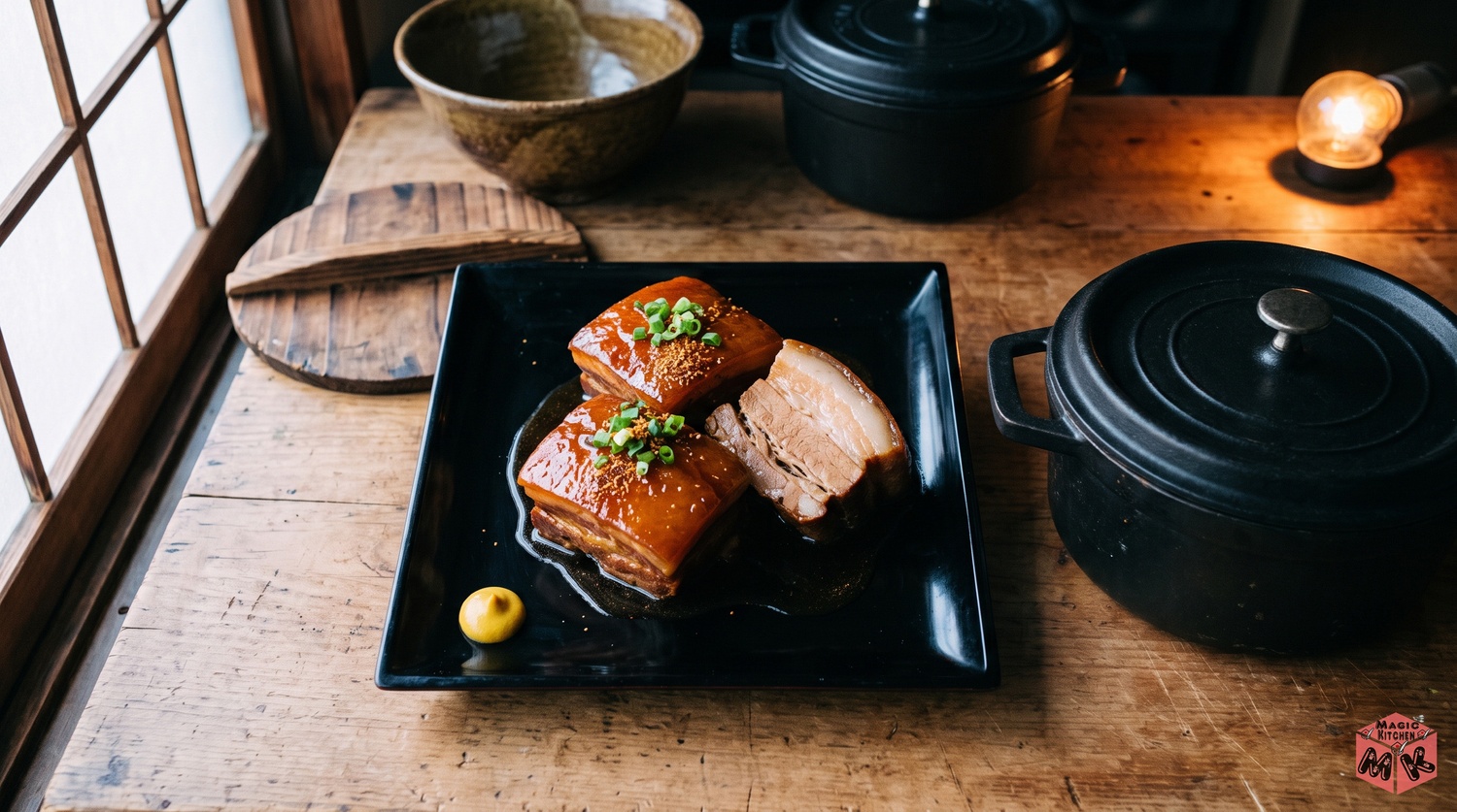 豚の角煮の作り方(黒漆の角皿にのせた角煮と鍋)