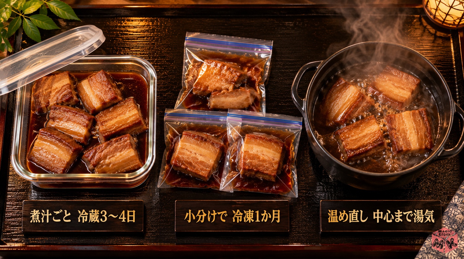 角煮の保存と温め直し(煮汁ごと冷蔵3〜4日・小分けで冷凍1か月・中心まで湯気が立つまで温める)