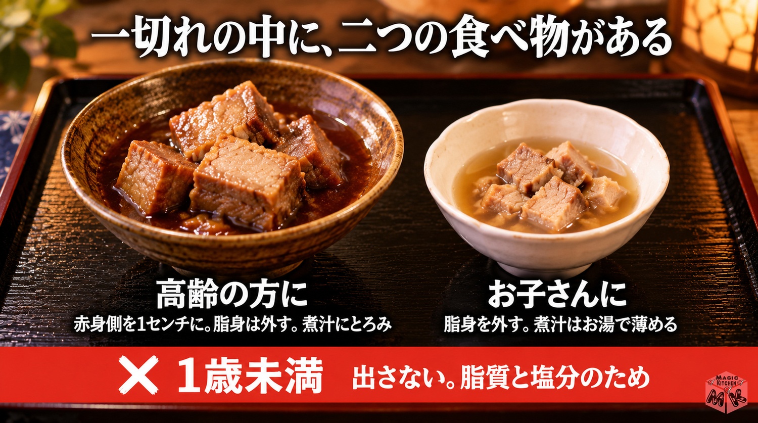 高齢者や子供にやさしい角煮(赤身側を1cmに切る・脂身は外す・煮汁にとろみ・1歳未満には出さない)