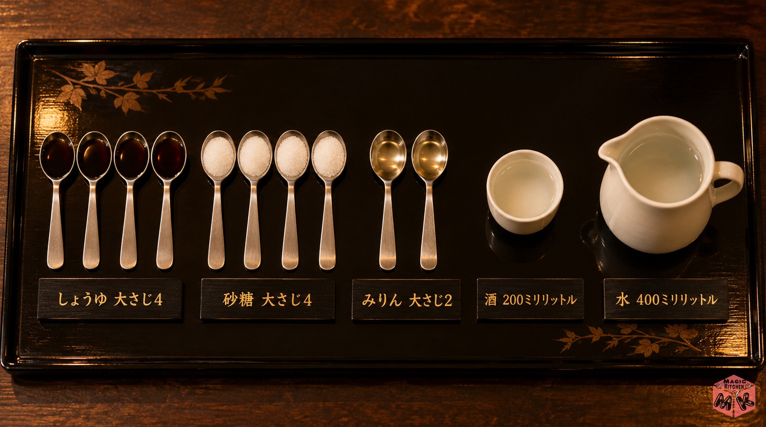 角煮の煮汁の黄金比(しょうゆ大さじ4・砂糖大さじ4・みりん大さじ2・酒200ml・水400ml)