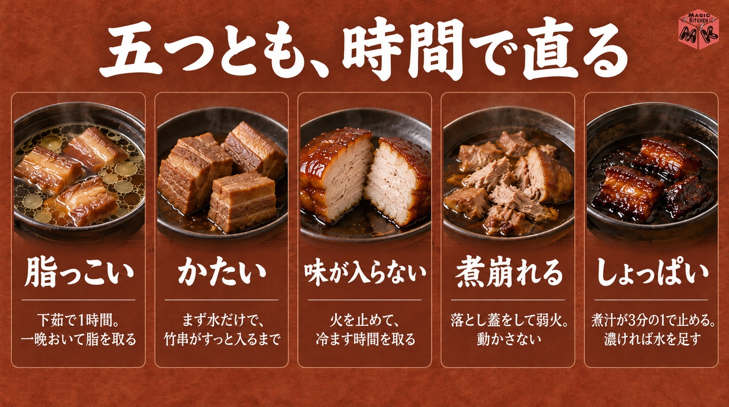 角煮のよくある失敗と対策(脂っこい・かたい・味が入らない・煮崩れる・しょっぱい)
