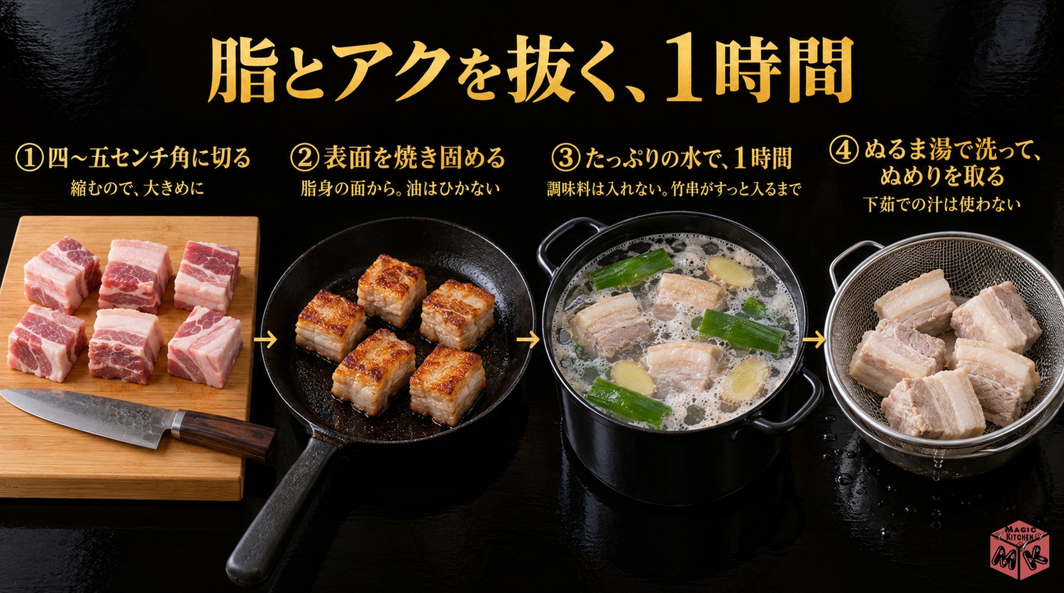 角煮の下茹での手順(4〜5cm角に切る・表面を焼く・水だけで1時間・洗ってぬめりを取る)