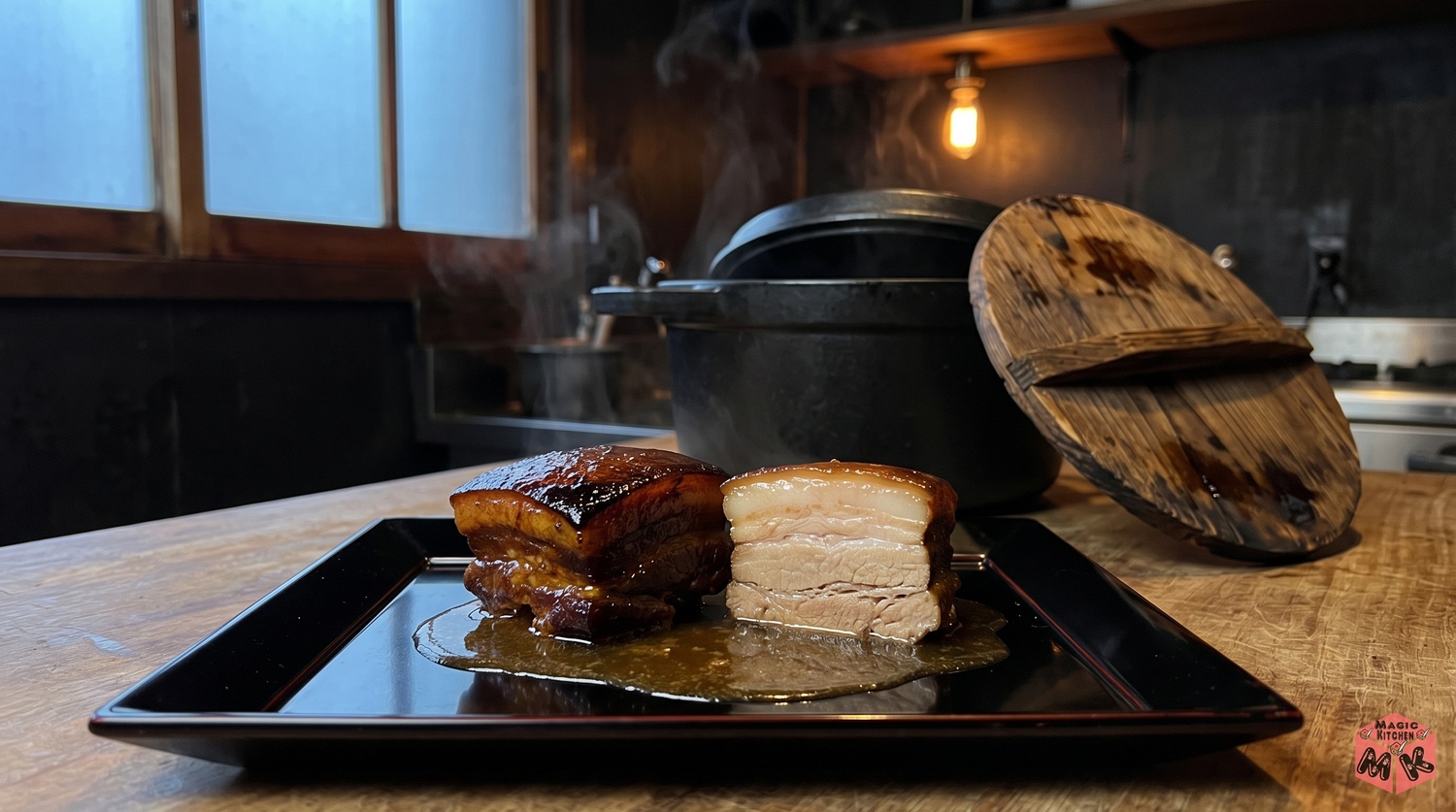 豚の角煮の作り方まとめ(黒漆の角皿の角煮と鍋)