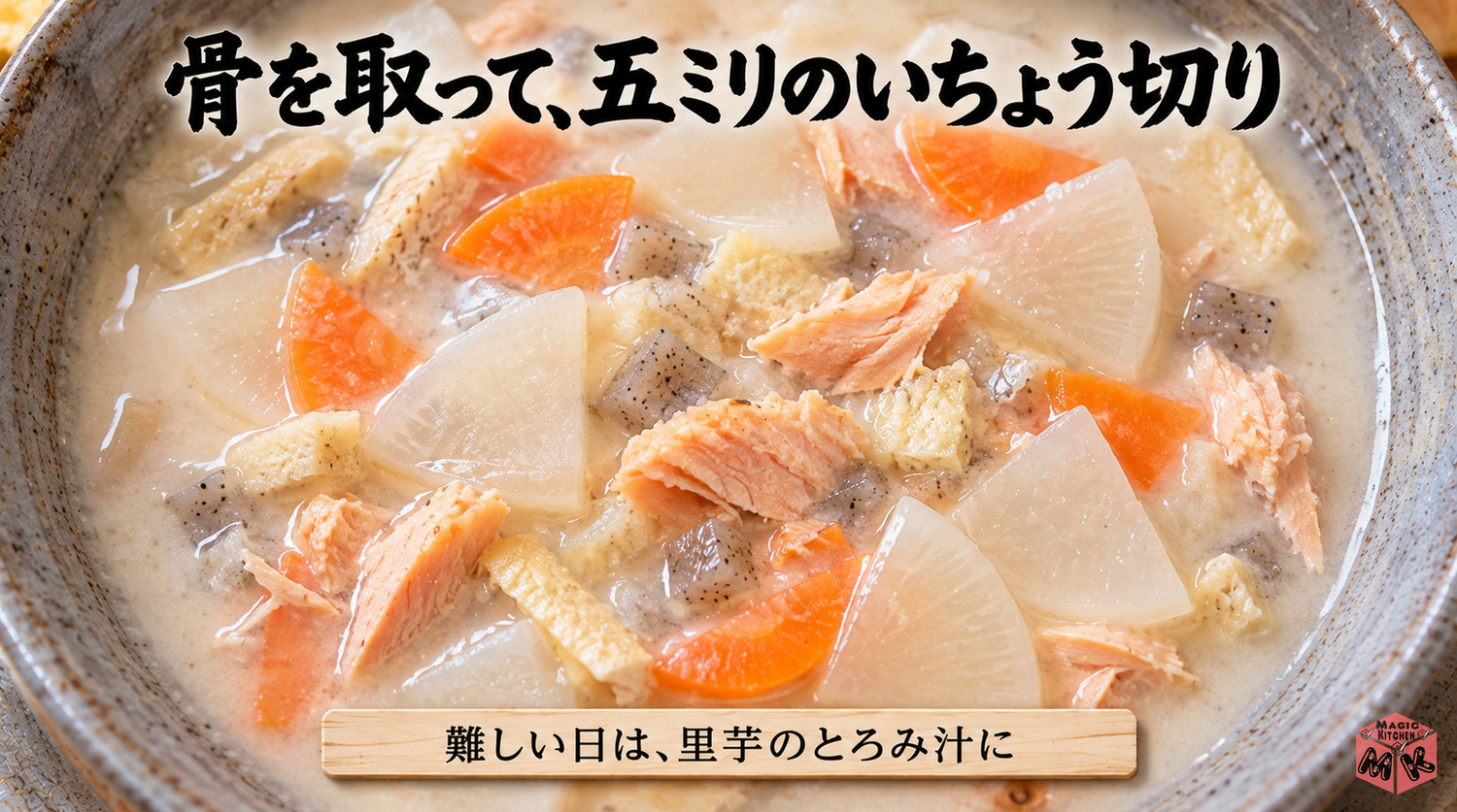 高齢者や子供にやさしい粕汁(骨を取って5mmのいちょう切り、難しい日は里芋のとろみ汁に)