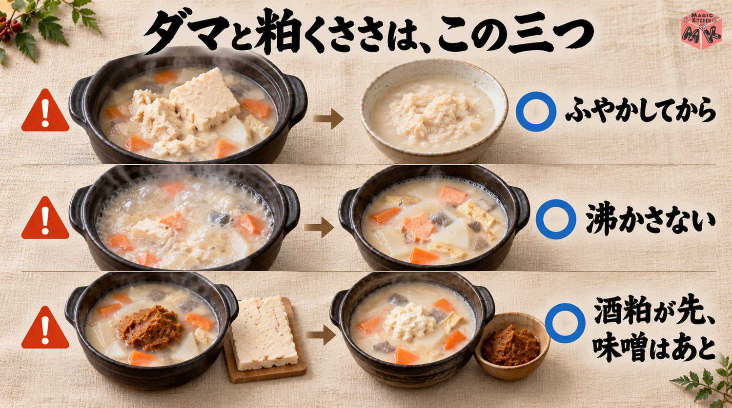 粕汁がダマになる・粕くさくなる3つの理由と対策(ふやかしてから・沸かさない・酒粕が先で味噌はあと)