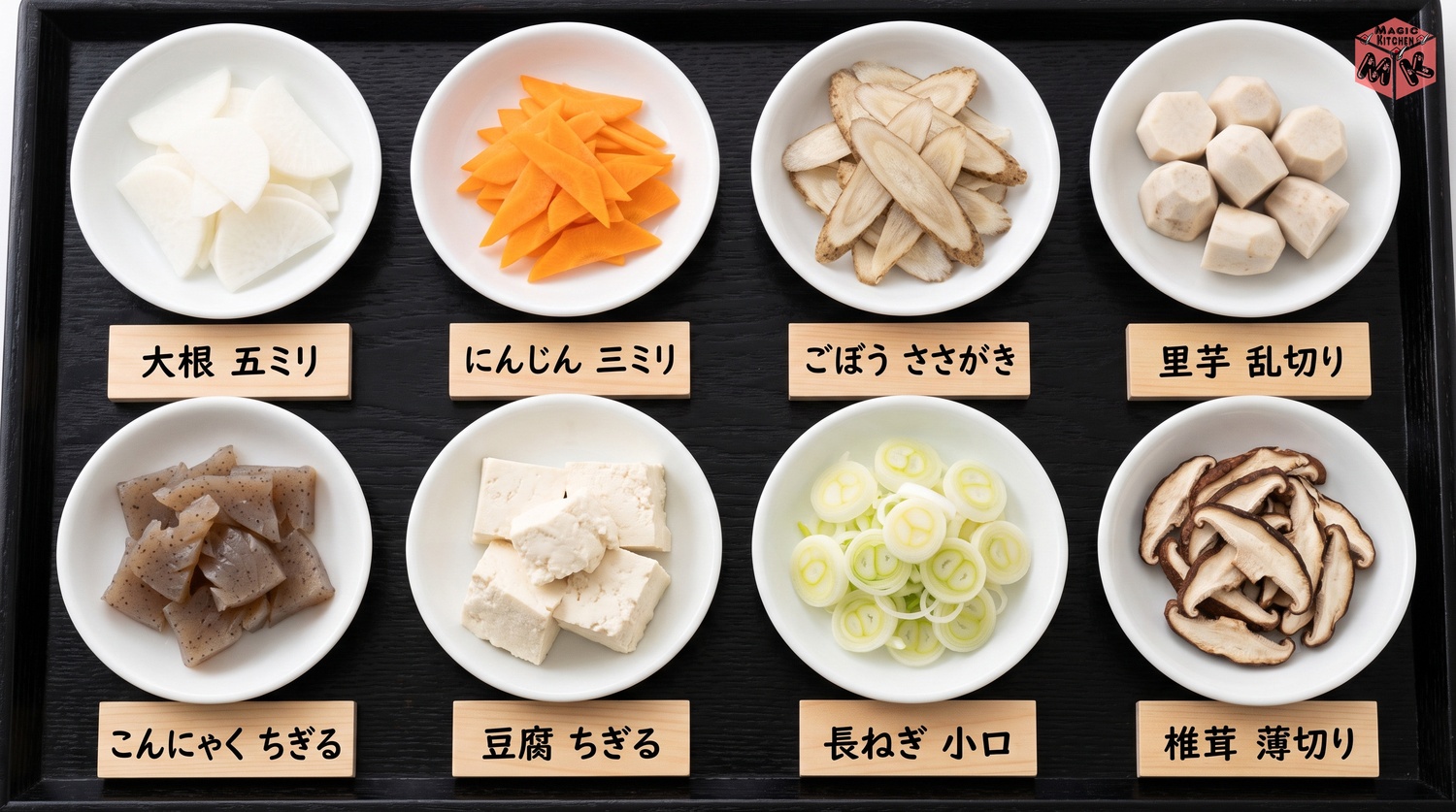 けんちん汁の具材と切り方（大根5mm・にんじん3mm・ささがきごぼう・乱切り里芋・ちぎるこんにゃくと豆腐）