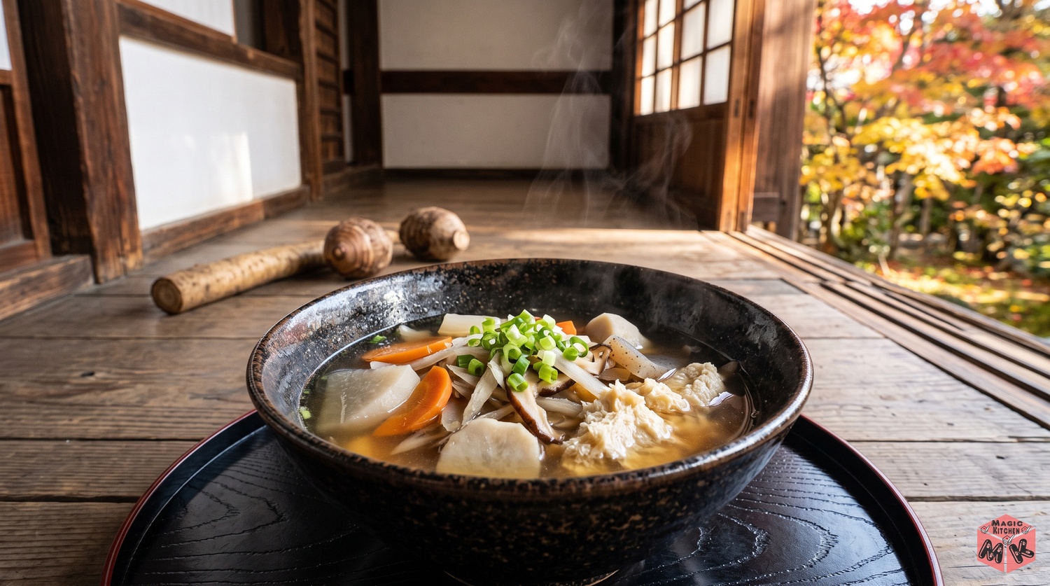 湯気の立つけんちん汁の椀と根菜