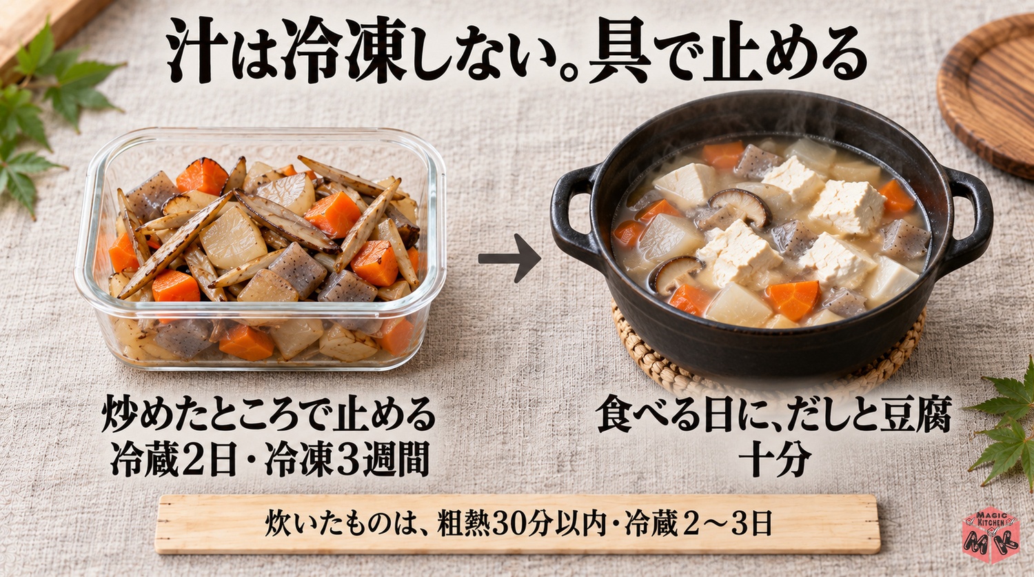 けんちん汁の保存（炒めた段階で止めて冷蔵2日・冷凍3週間、炊いたものは粗熱30分以内・冷蔵2〜3日）