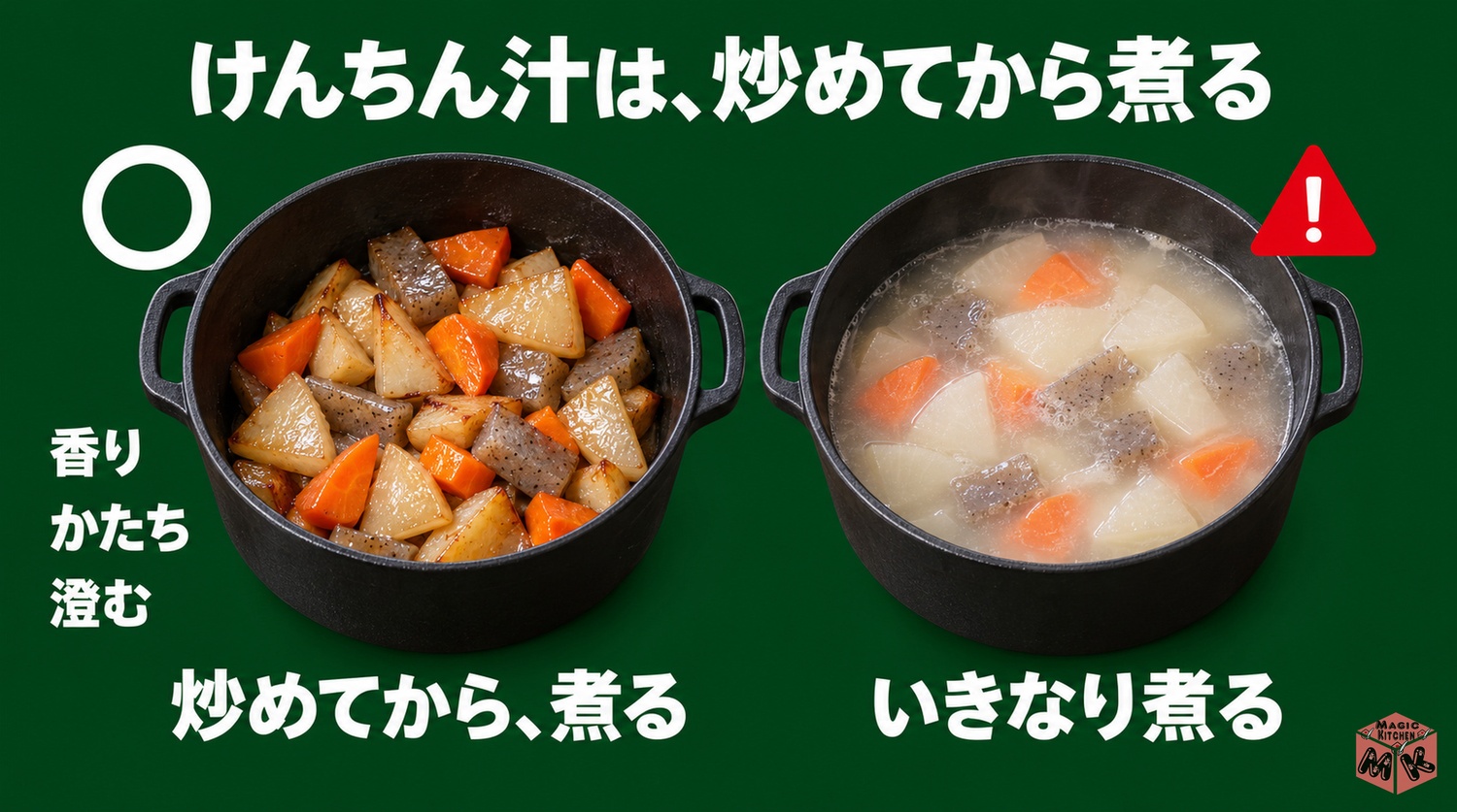 けんちん汁は具をごま油で炒めてから煮る（香り・かたち・澄む）