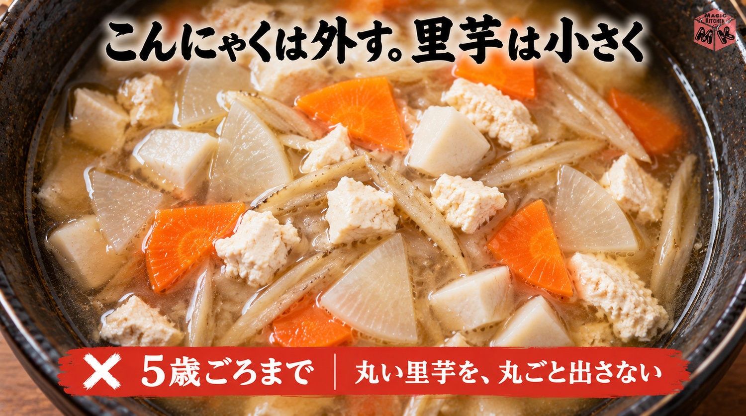高齢者や子供にやさしいけんちん汁（こんにゃくを外す・里芋は小さく・5歳ごろまで丸ごと出さない）