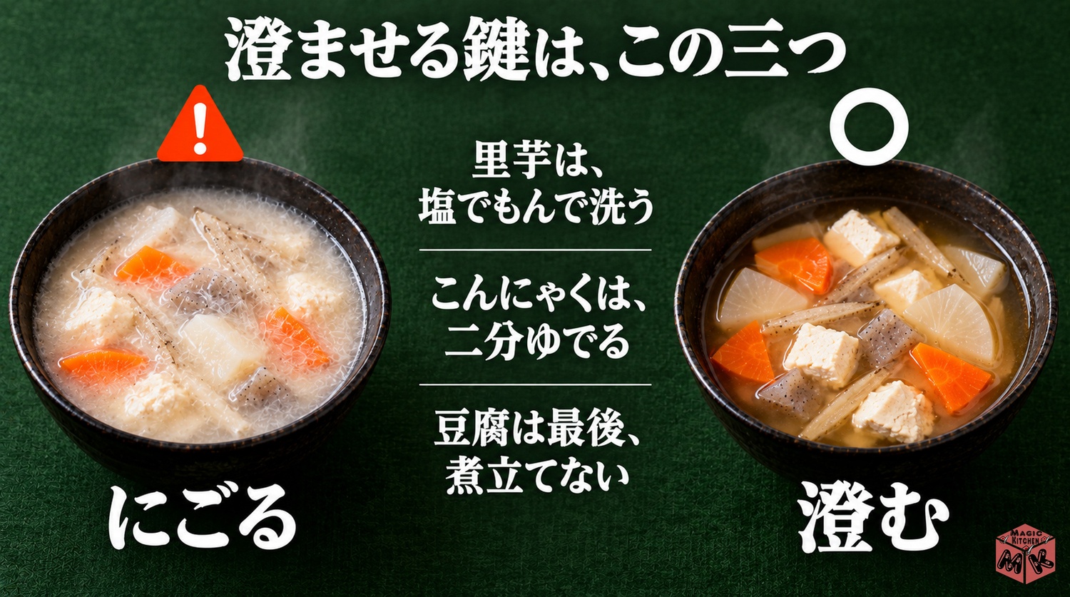 けんちん汁の汁を澄ませる3つの下ごしらえ（里芋・こんにゃく・豆腐）