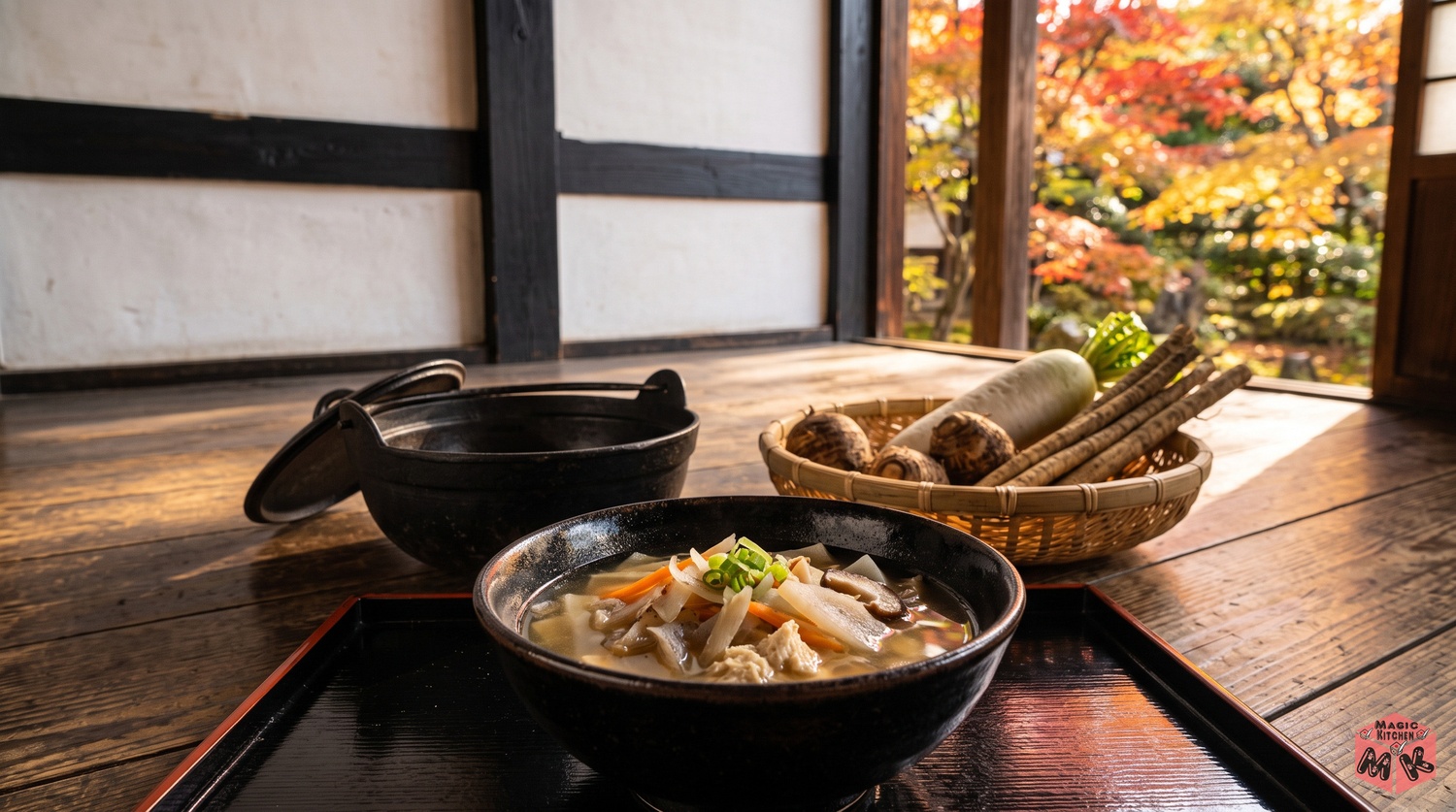 けんちん汁の椀と鍋とざるの根菜