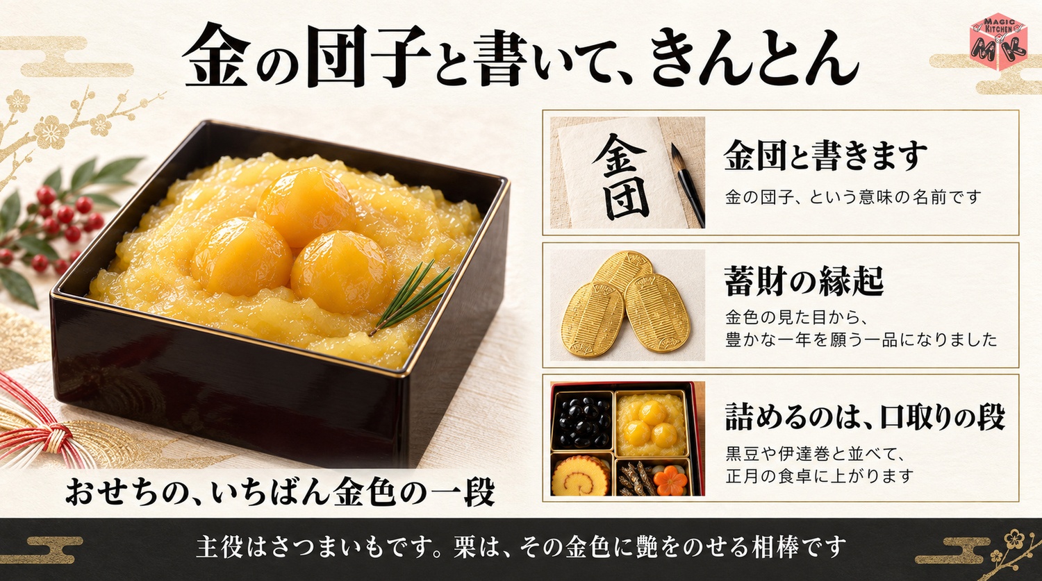 金団という名前の由来と蓄財の縁起とおせちでの詰め方の図解