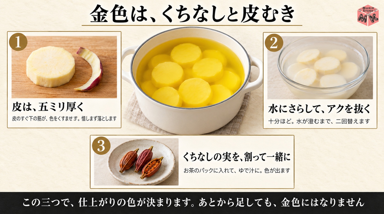 皮を厚くむいて水にさらしてくちなしの実と一緒にゆでる色よく仕上げる3条件の図解