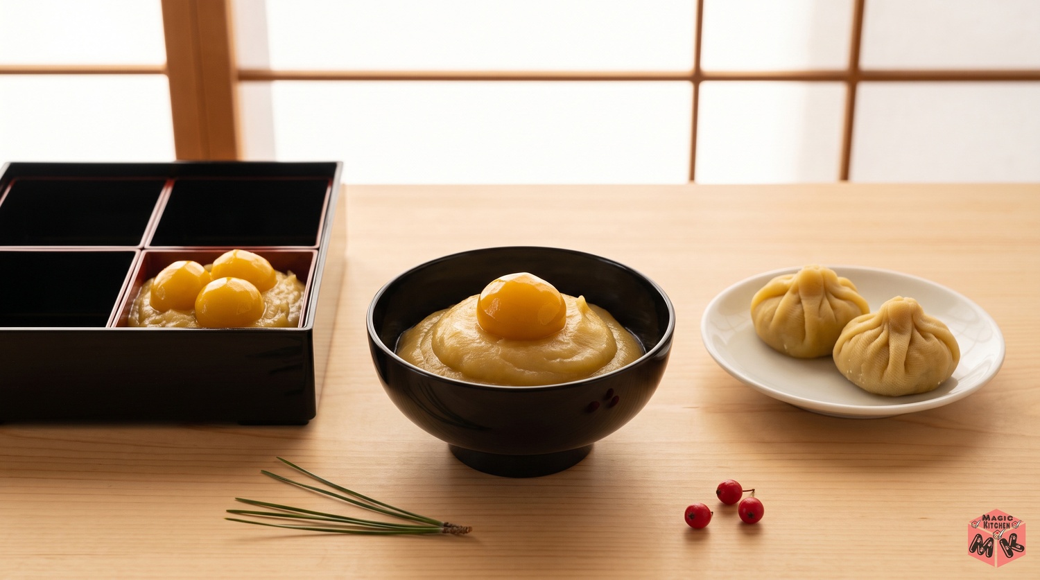 黒い重箱と小鉢の栗きんとんと茶巾しぼりが並ぶ正月の食卓イメージ