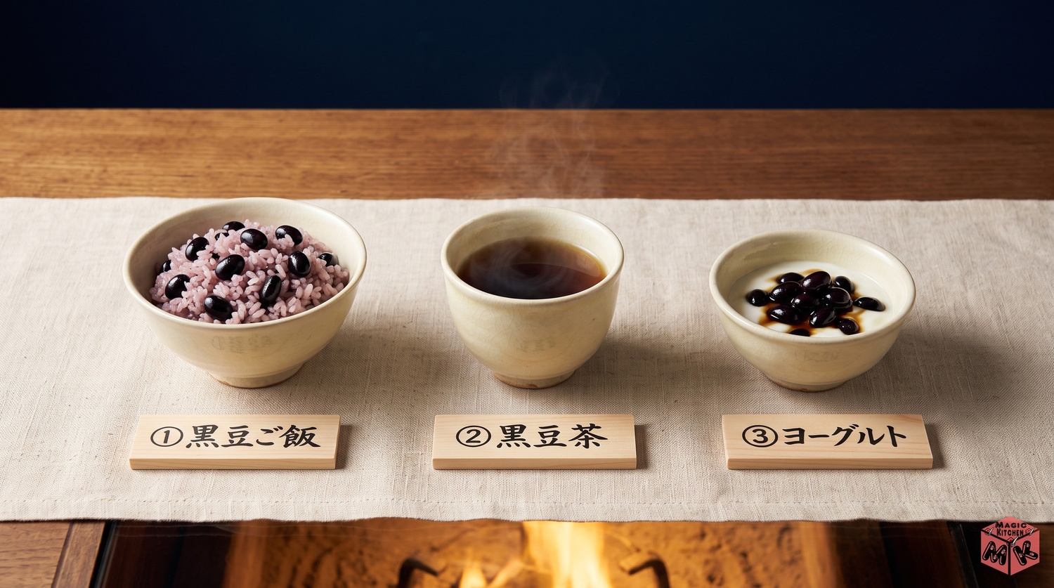 黒豆ご飯と黒豆茶とヨーグルトにのせた黒豆のアレンジ3品