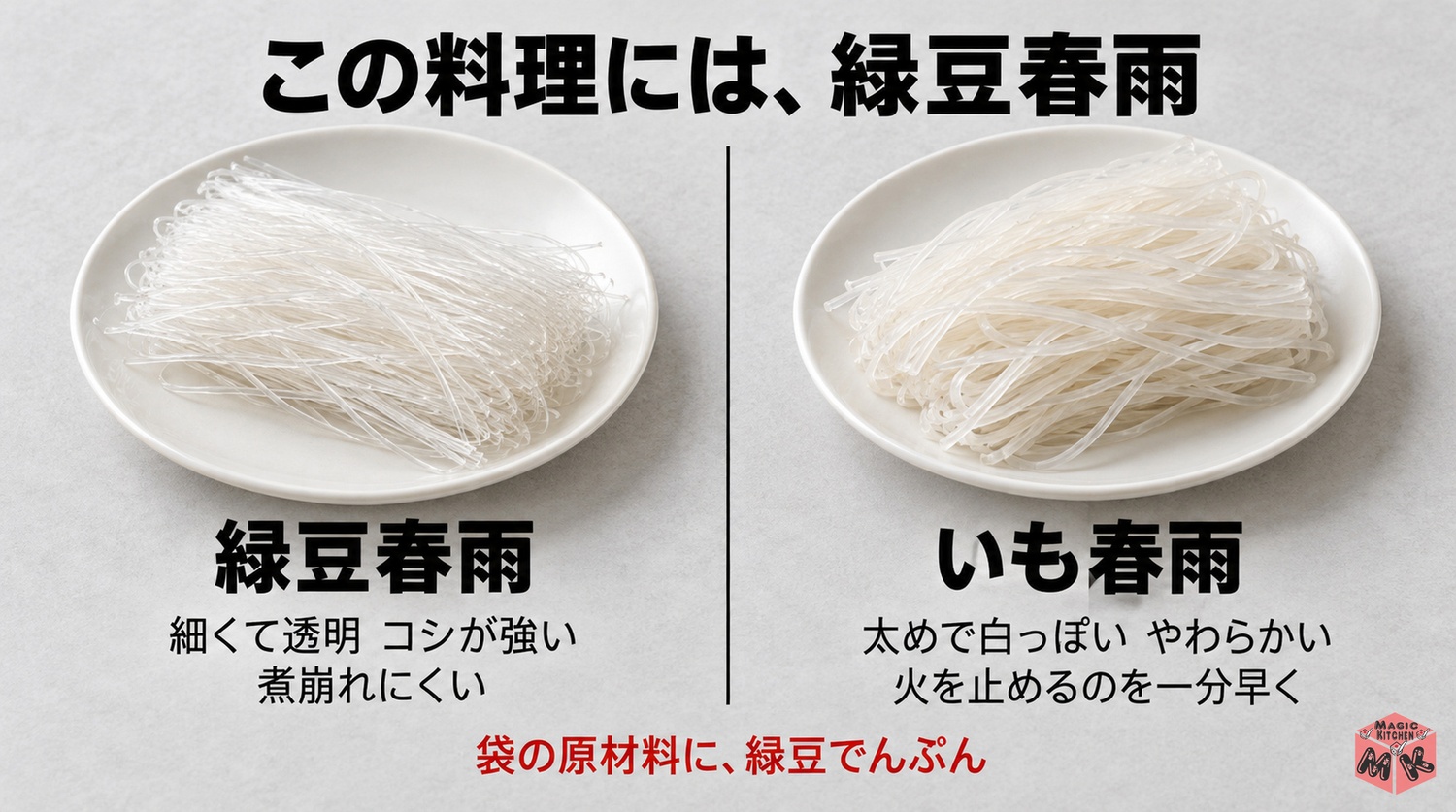 緑豆春雨といも春雨の違い（麻婆春雨には緑豆春雨）