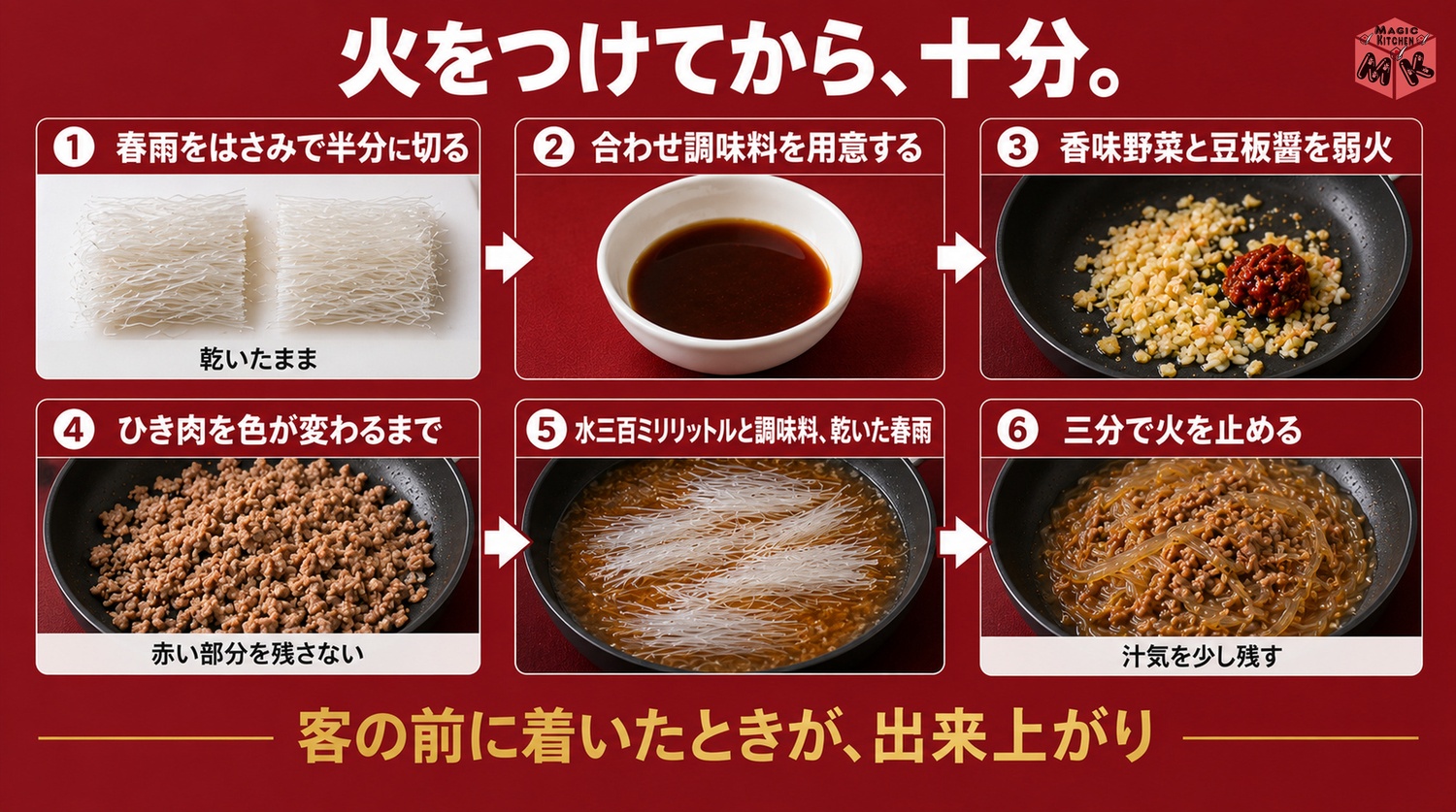 麻婆春雨の作り方6工程（戻さず入れて3分・汁気を残して止める）
