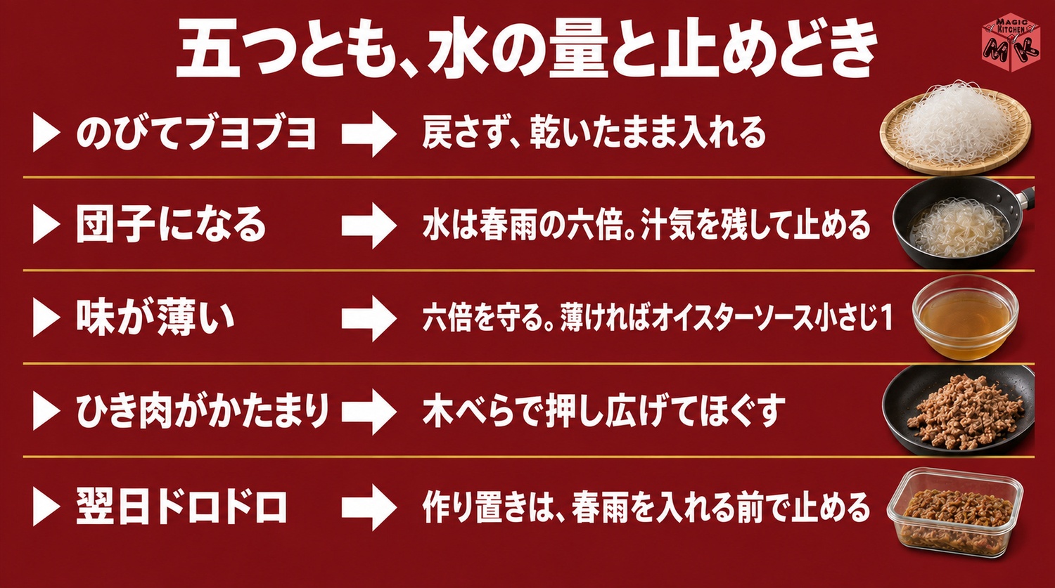 麻婆春雨のよくある失敗と対策（のびる・団子・薄い・かたまり・翌日ドロドロ）