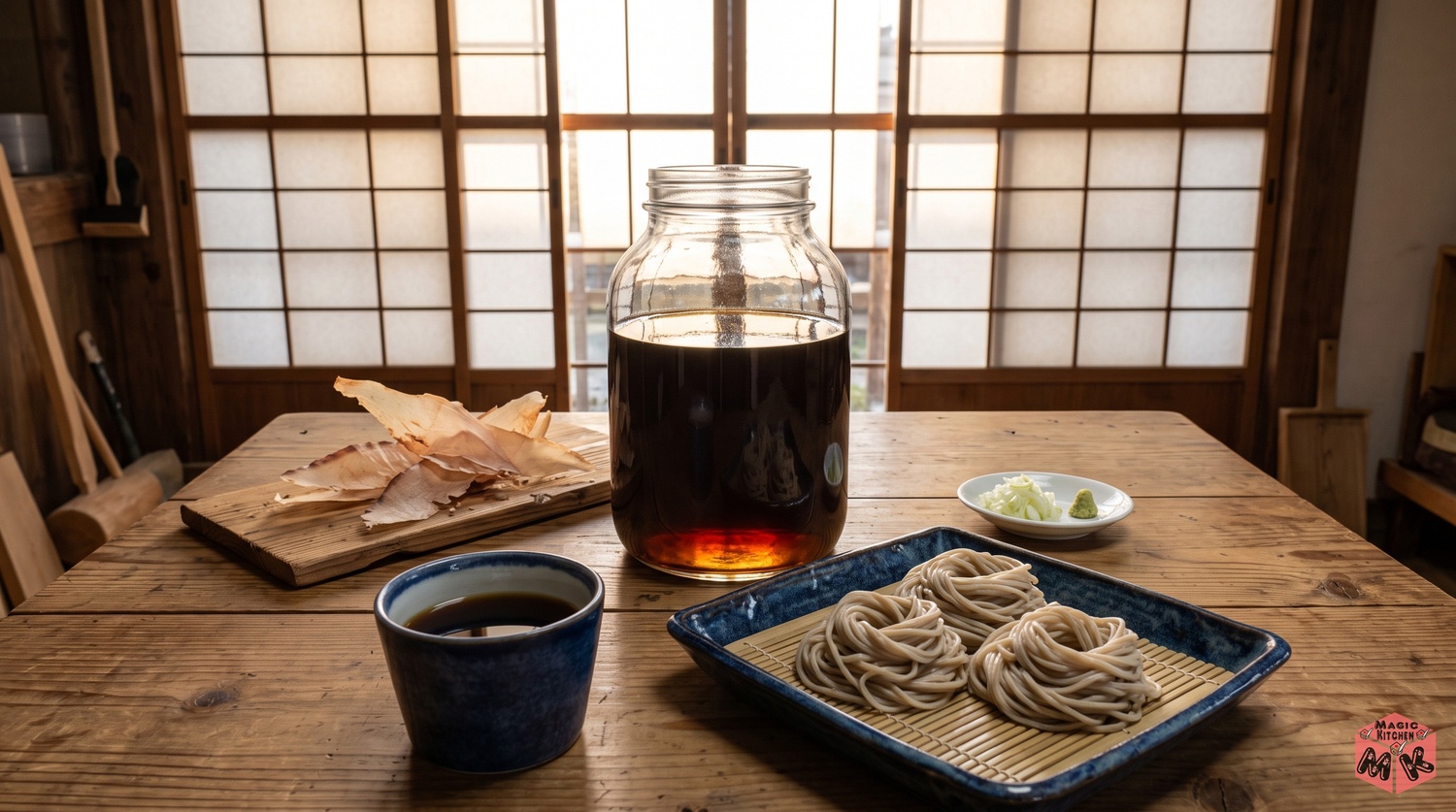 琥珀色のめんつゆの瓶とざるそばの食卓イメージ